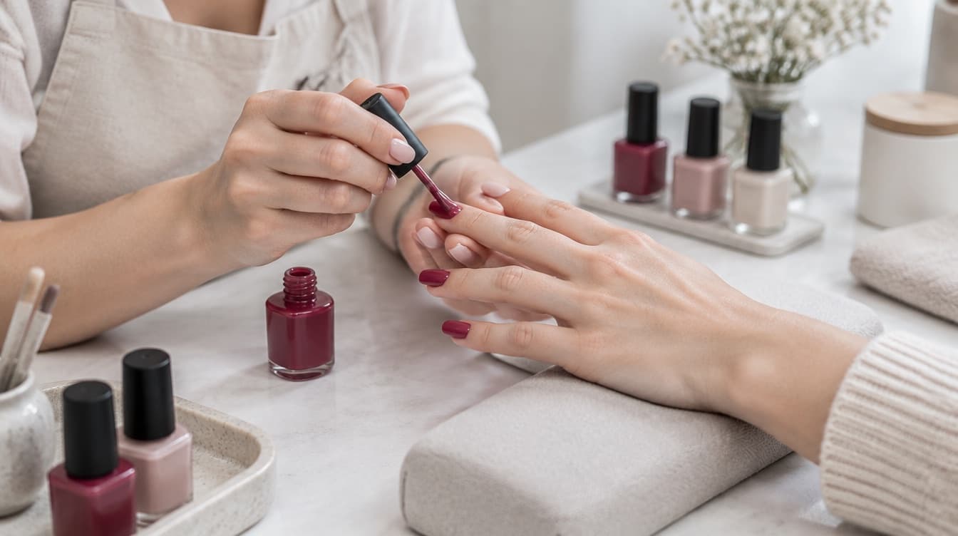 Nagelstyliste lakt nagels in een rustige nagelstudio