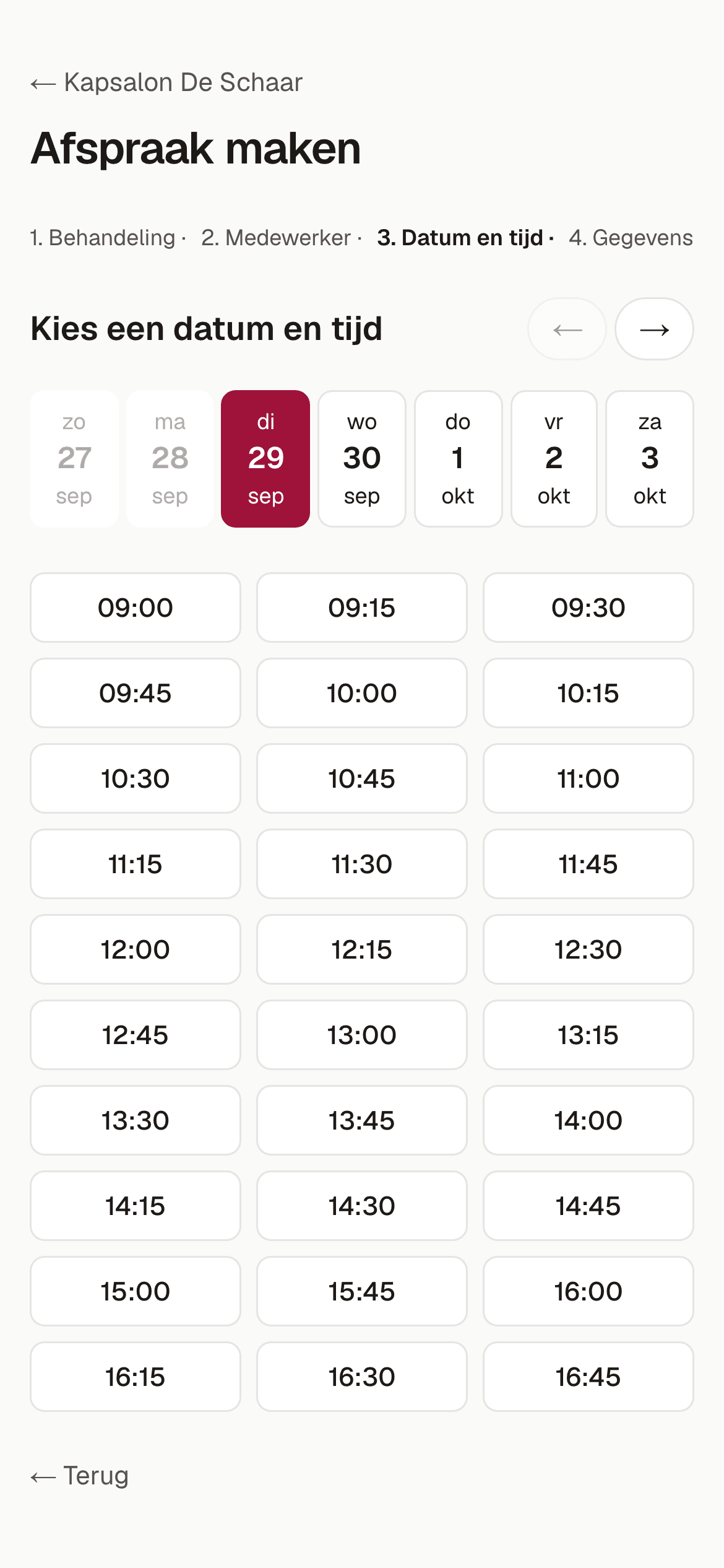 Booking an appointment on a phone: choosing a time slot